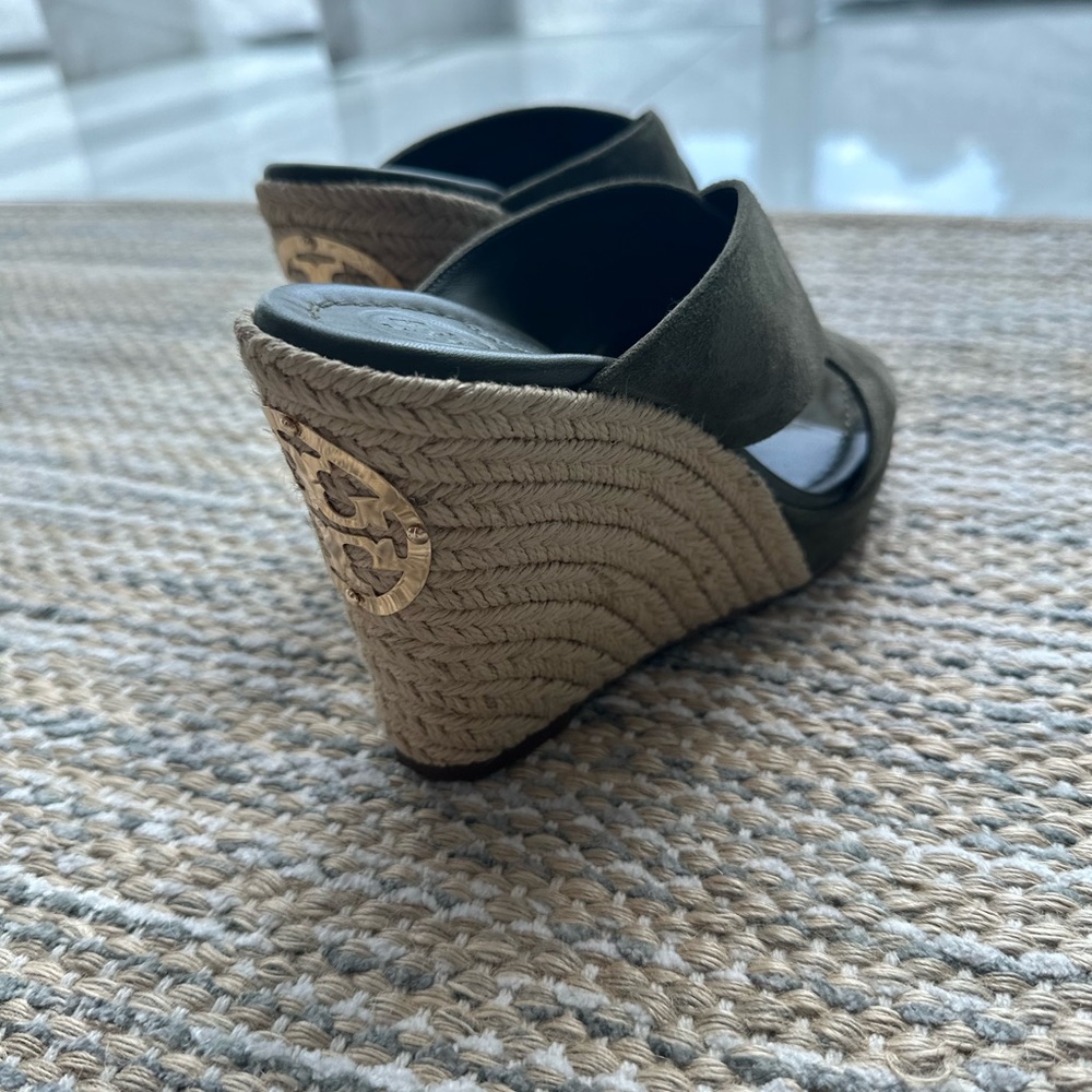 Tory Burch - Olive Suede Wedge with Gold details.